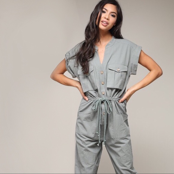 Olive Cargo Jumpsuit, Short Sleeve Tie Waist - Picture 2 of 5